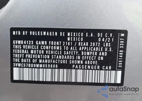 2021 Volkswagen Jetta 1.4T R-Line/1.4T S/1.4T Se z USA, uszkodzony, nr VIN 3VWC57BU0MM059606